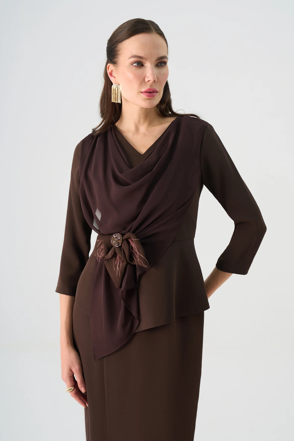 Degaje yaka şifon garnili midi elbise EL-4373-B