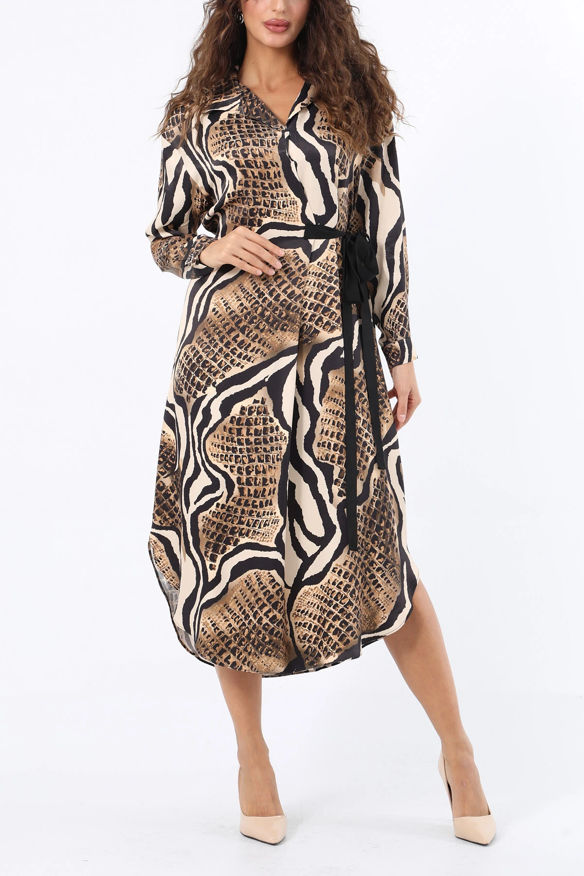 Grogren şeritli piton desen elbise EL-4082