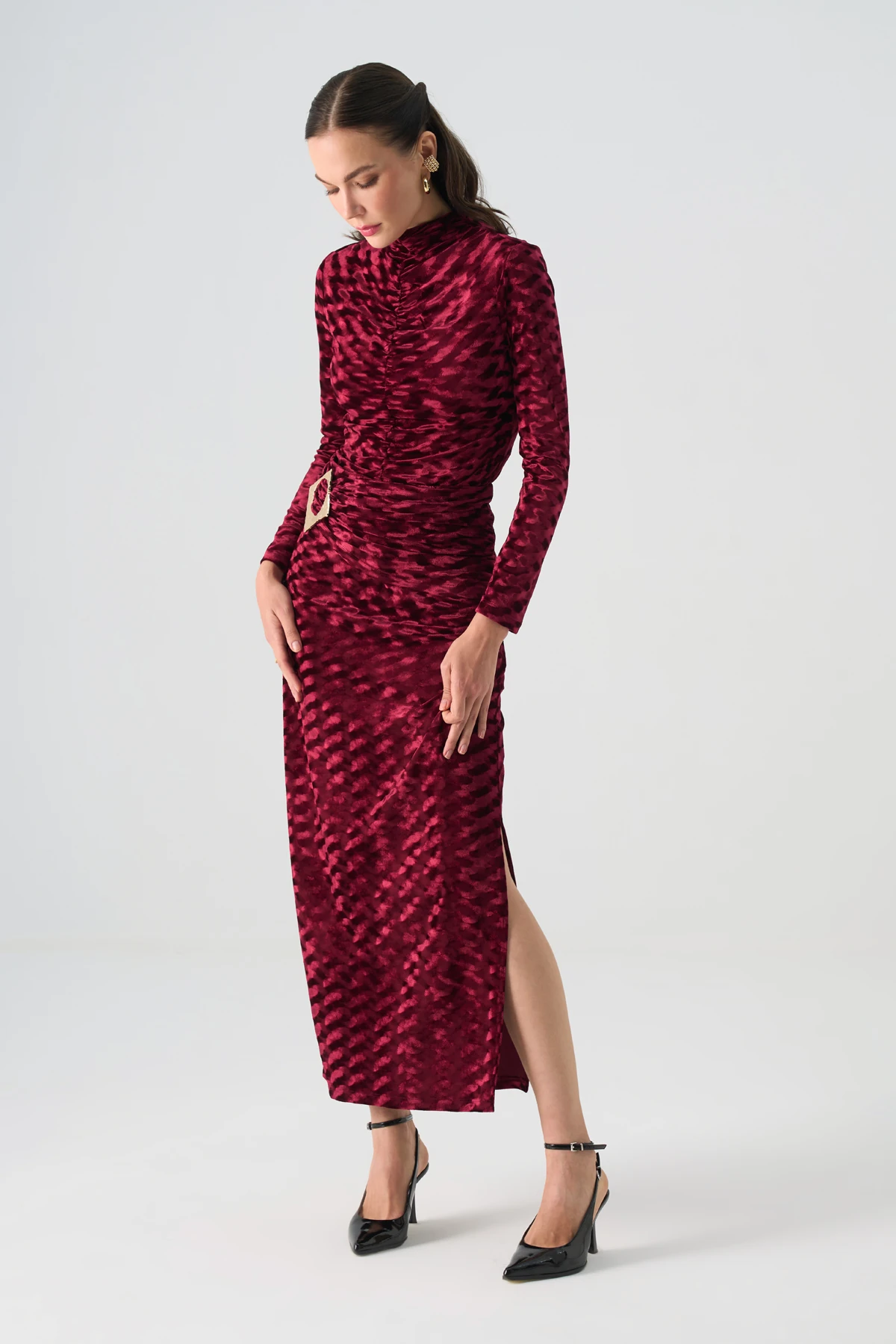 Gold aksesuarlı büzgü detaylı kadife ikili takım EL-2773