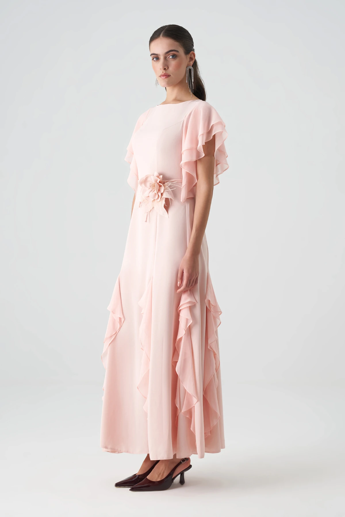 Şifon garnili krep abiye elbise EL-4394