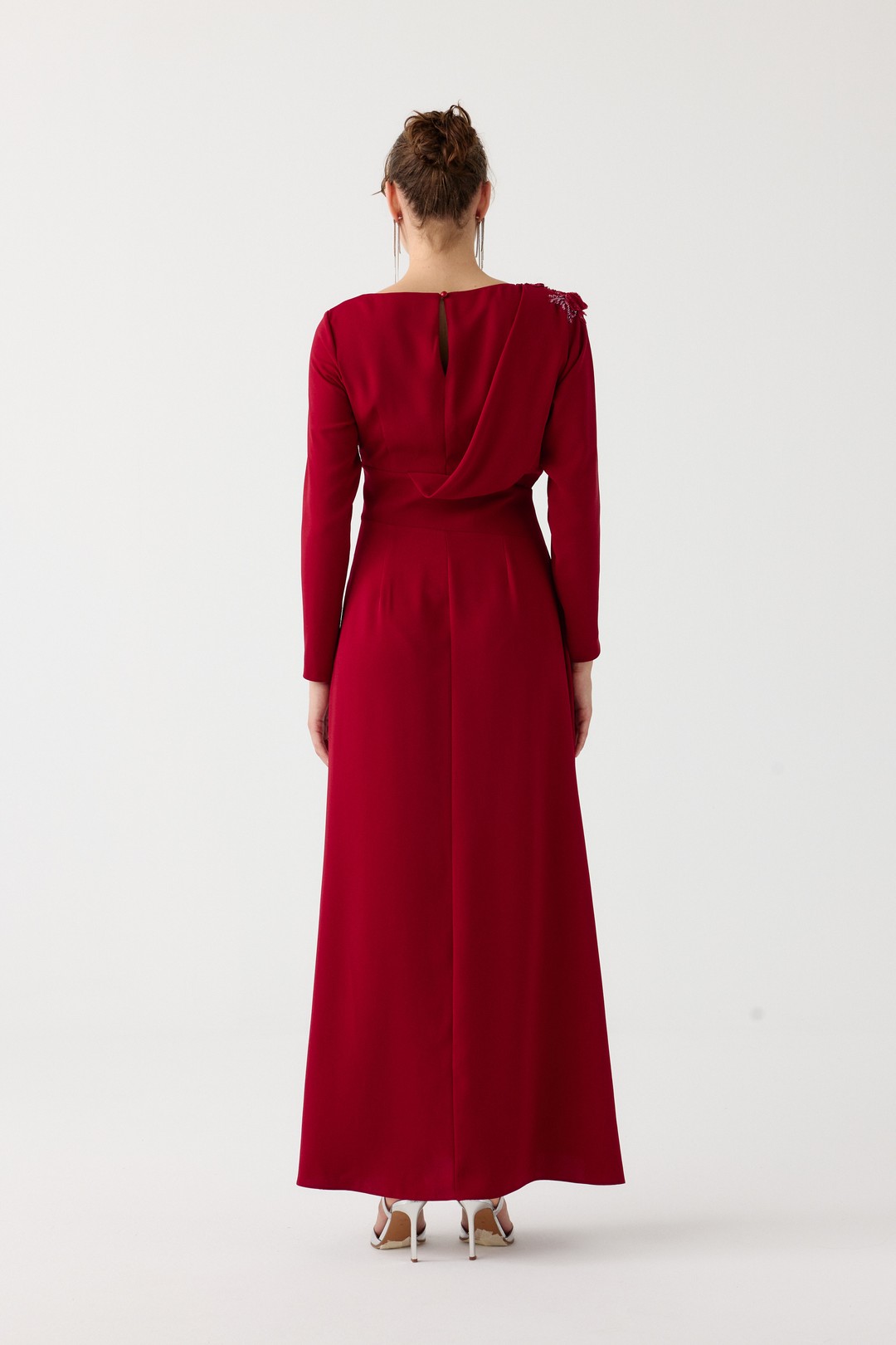 Ön yırtmaçlı tam boy elbise EL-4351 - BORDO