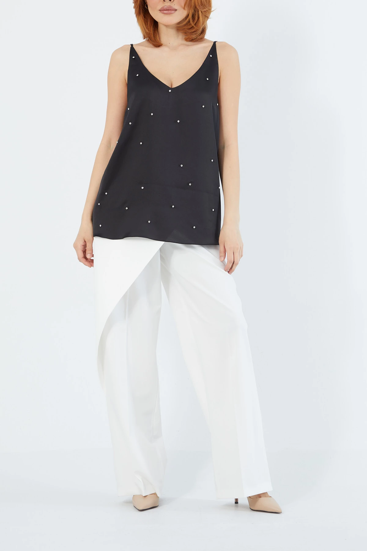 Strass taşlı saten bluz EL-1619 - SİYAH