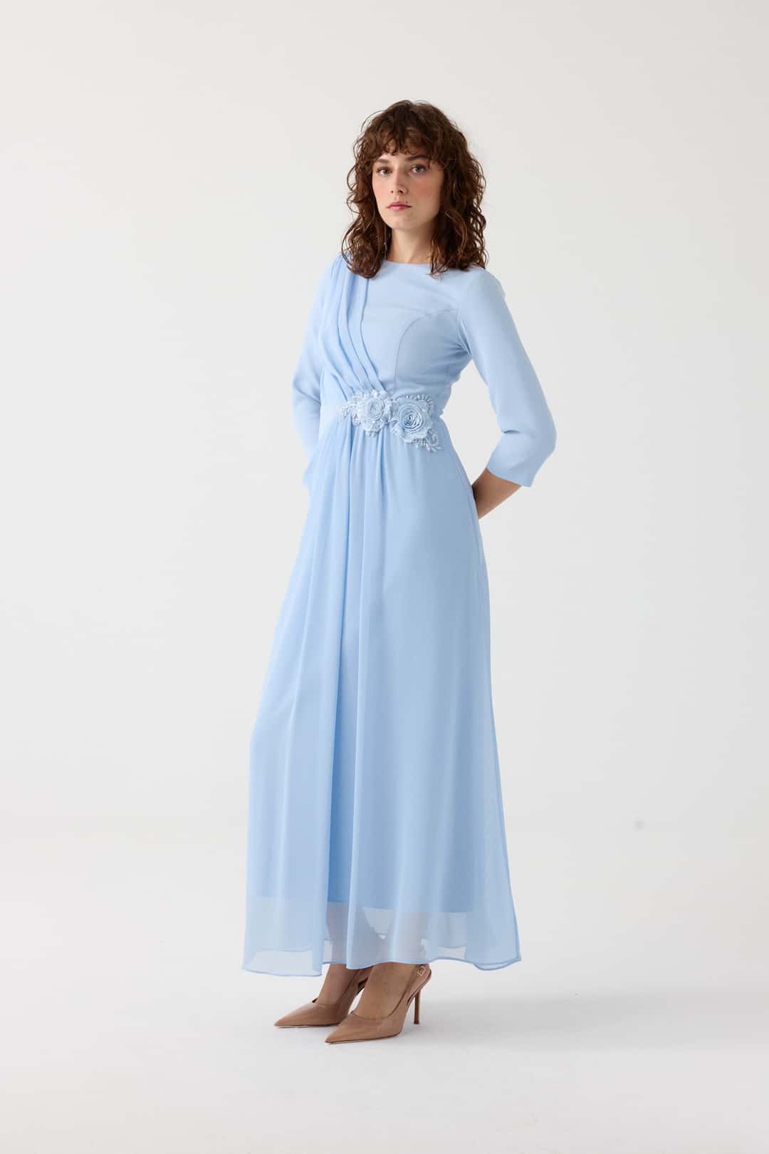 Aplikeli uzun kol elbise EL-4358 - BEBE MAVİSİ