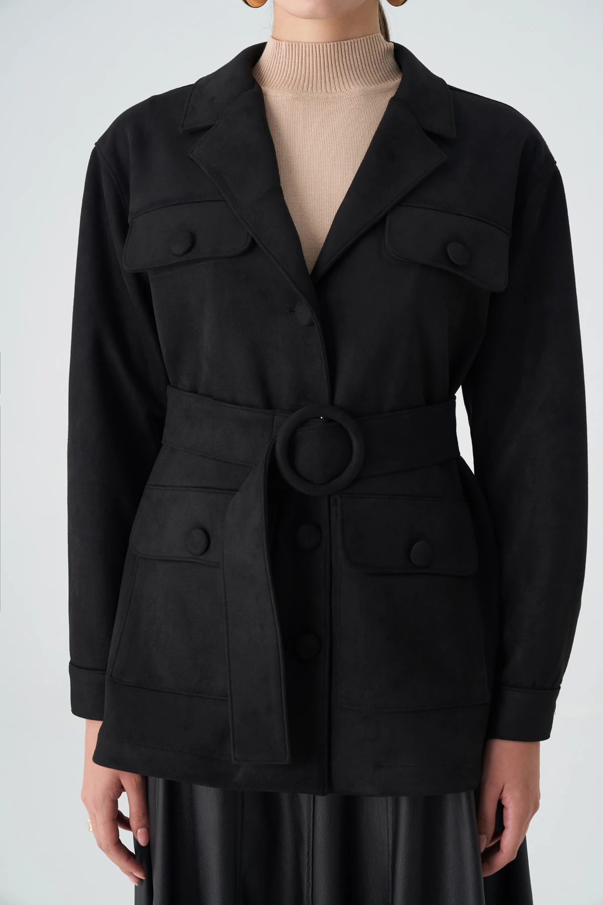 Siyah Kuşaklı Süet Görünümlü Ceket