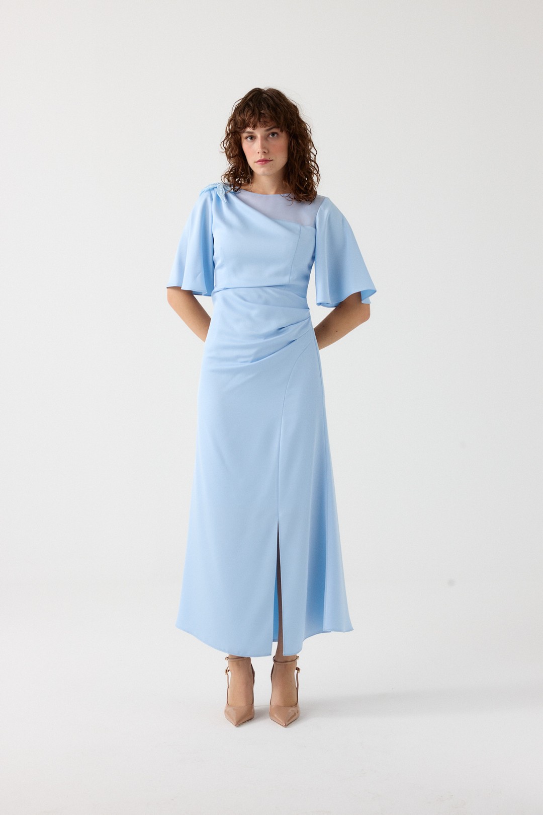 Asimetrik yaka elbise EL-4357 - BEBE MAVİSİ