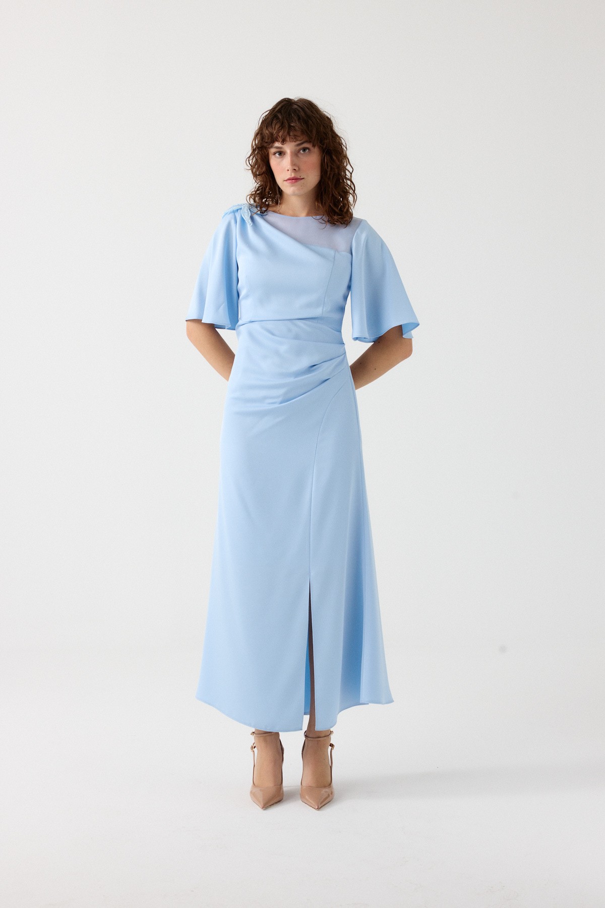 Asimetrik yaka elbise EL-4357 - BEBE MAVİSİ