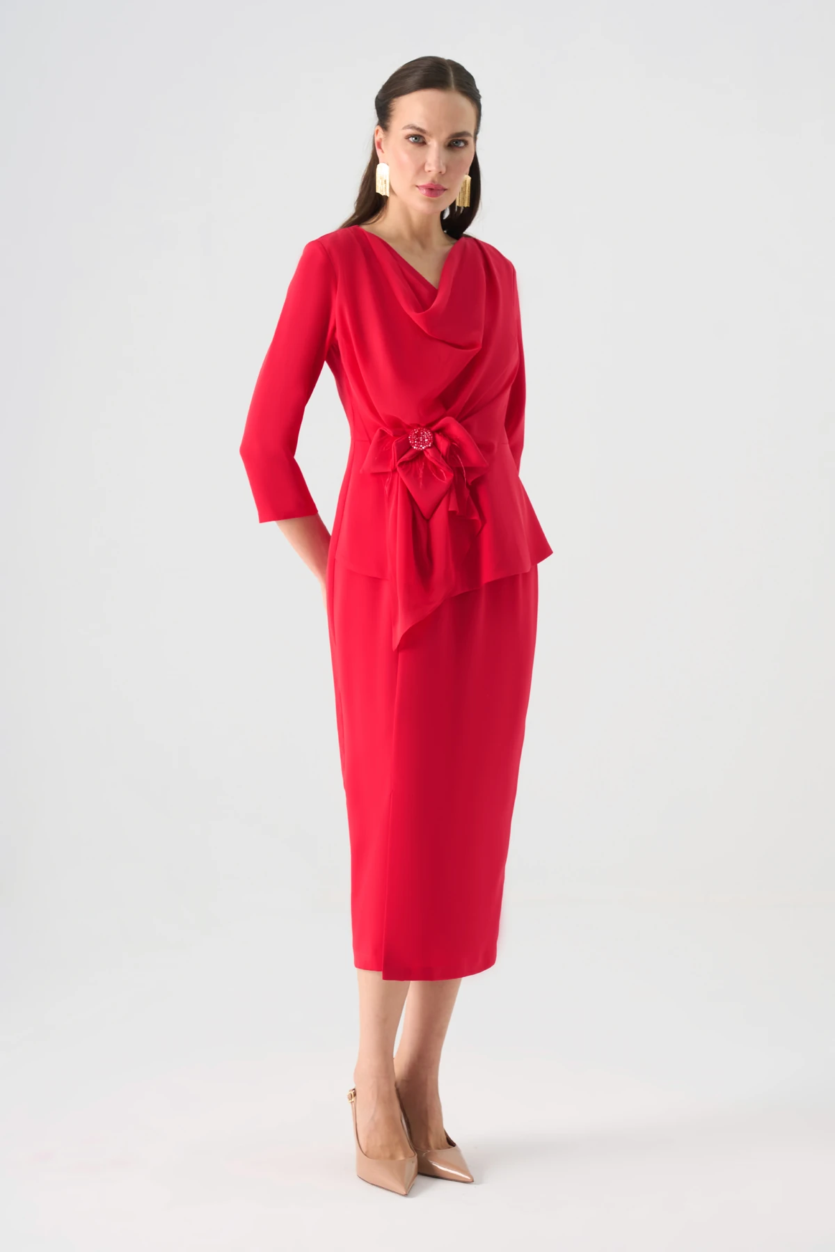 Degaje yaka şifon garnili midi elbise EL-4373