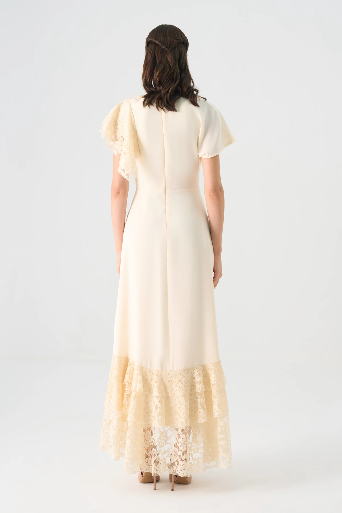 Dantel Detaylı Asimetrik Kesim Midi Elbise EL-4449