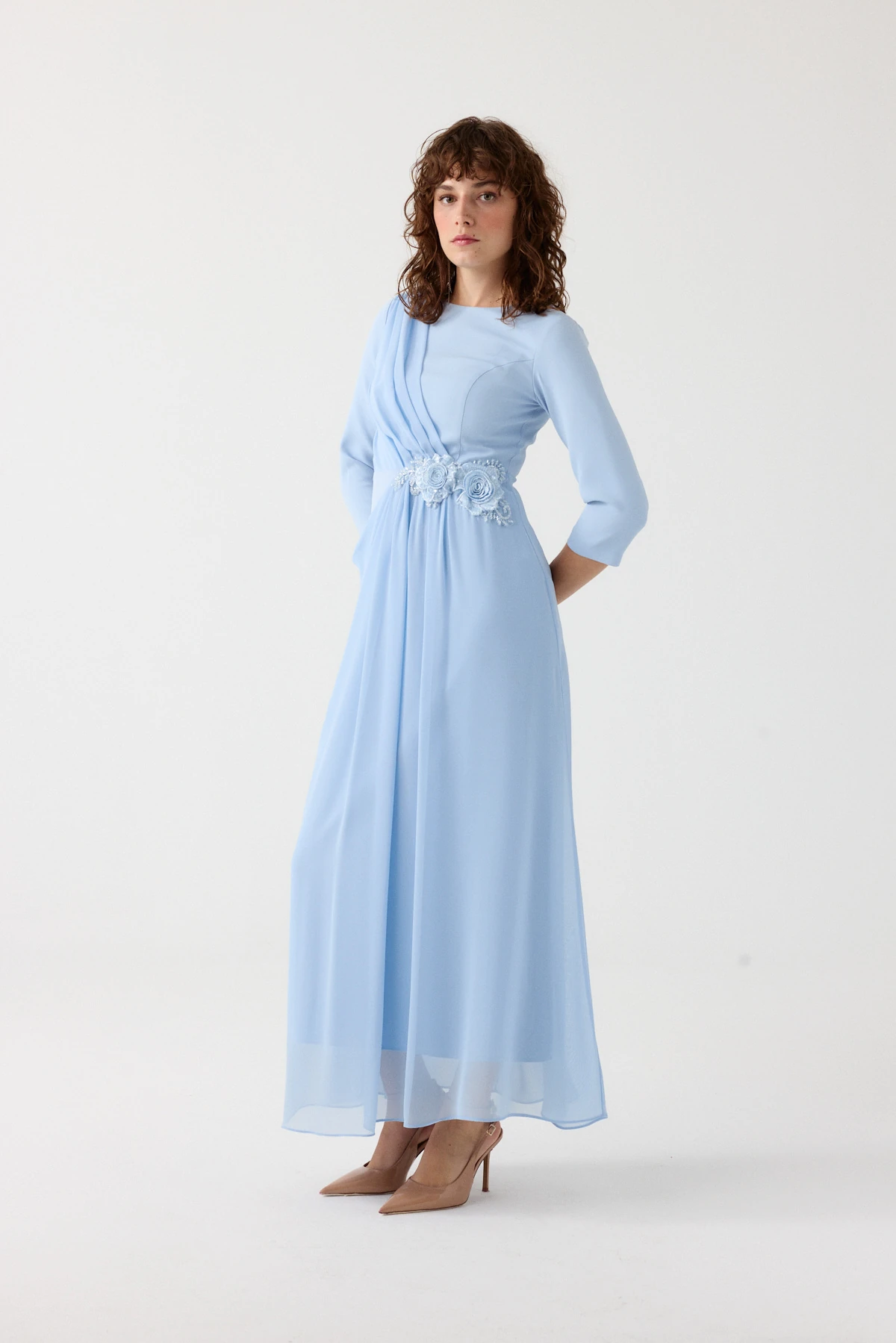 Aplikeli uzun kol elbise EL-4358