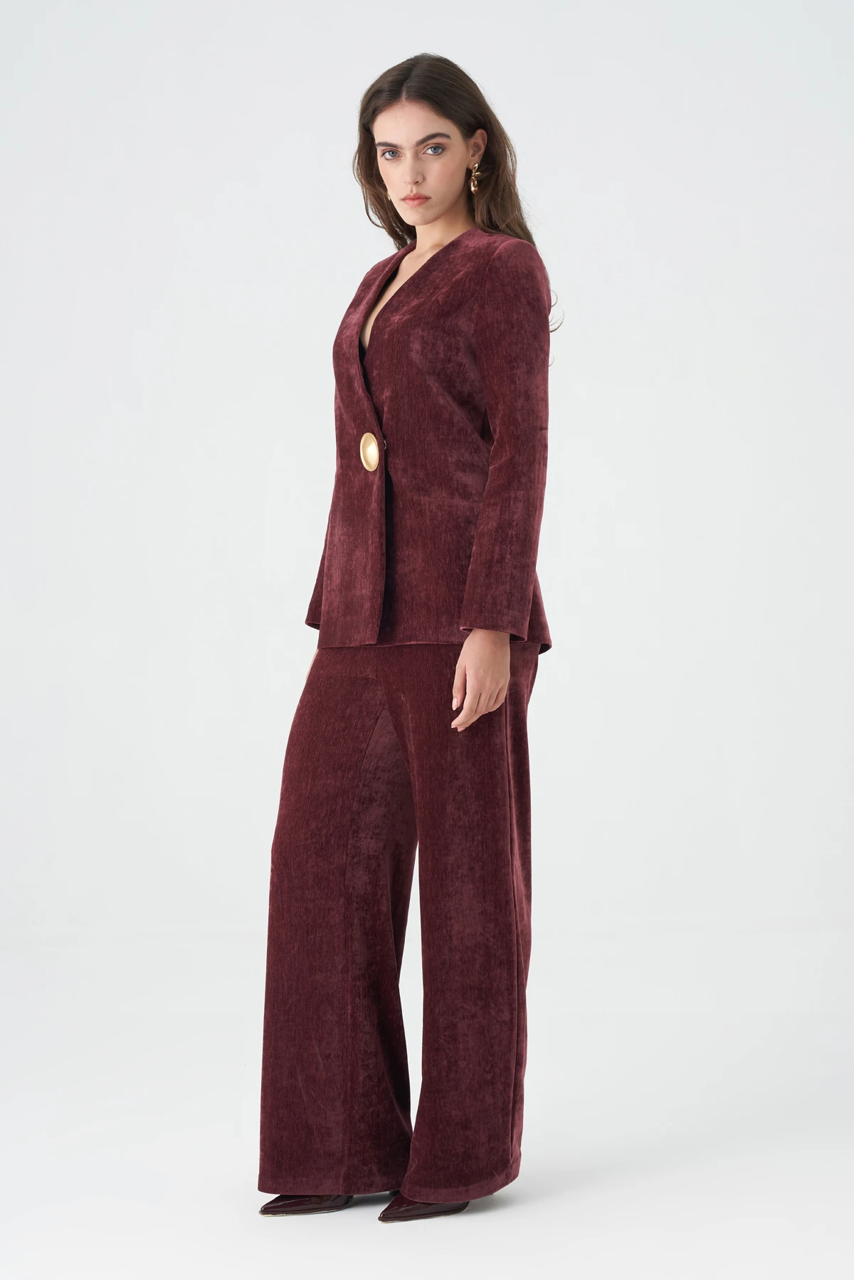 Kruvaze büyük düğmeli kadife takım EL-2775