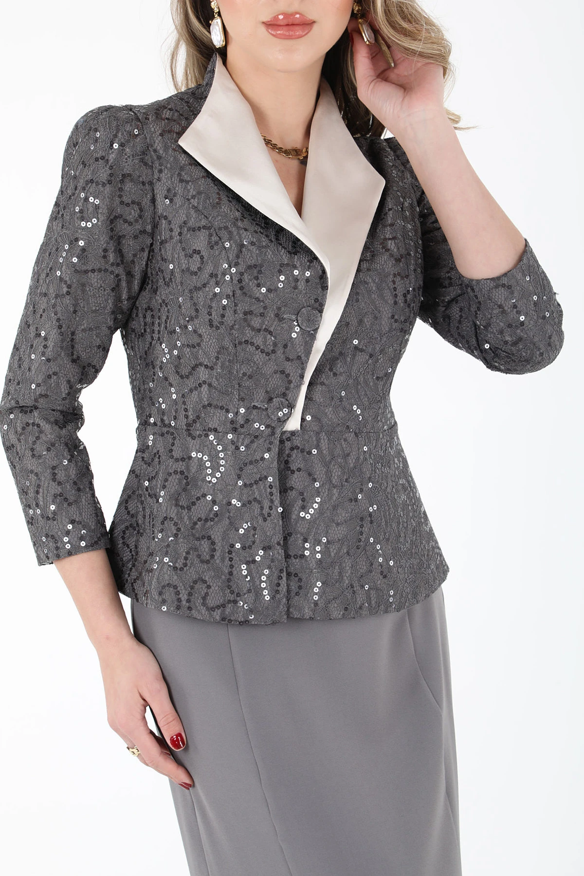 Fransız güpürlü saten garnili takım EL-2592 - GRİ