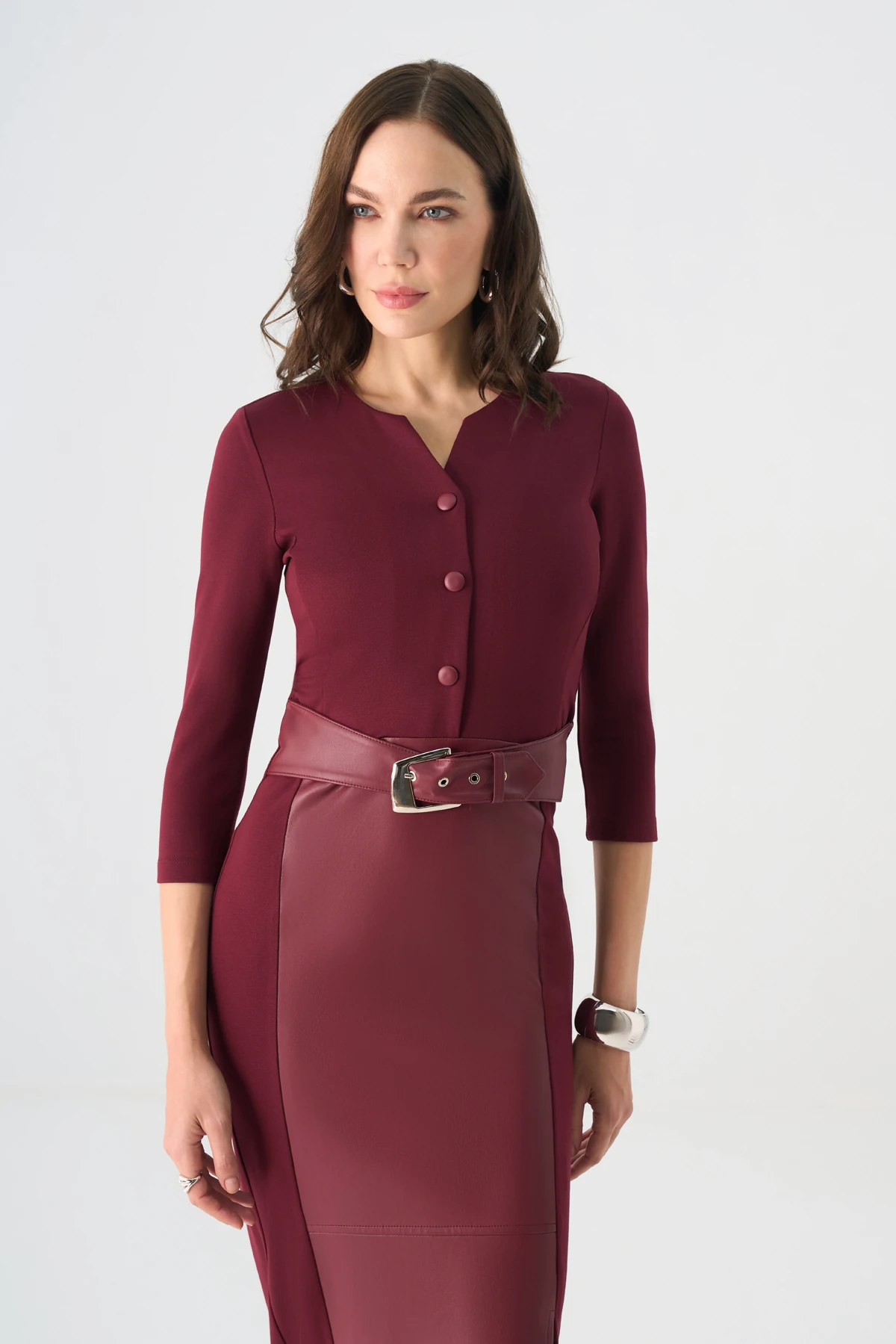 Bel kemerli örme ve deri karışım elbise EL-4424