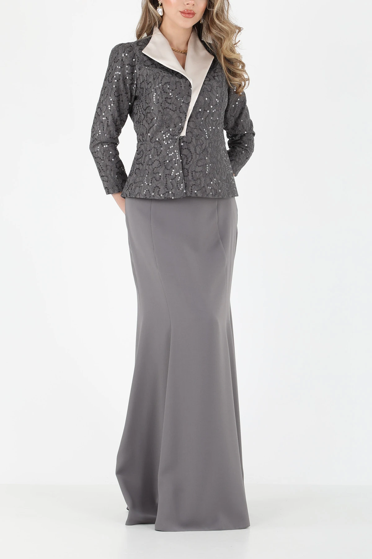 Fransız güpürlü saten garnili takım EL-2592 - GRİ