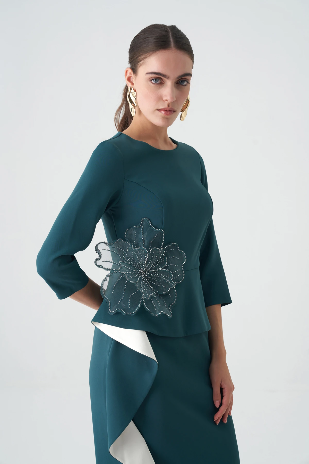 Volanlı garnili peplum saten elbise EL-4388