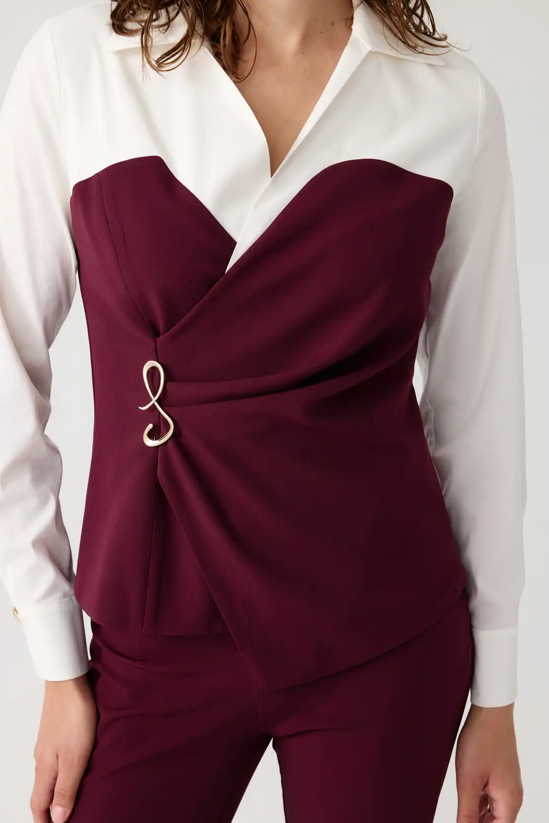 Poplin mix broşlu ikili takım EL-2702 - BORDO