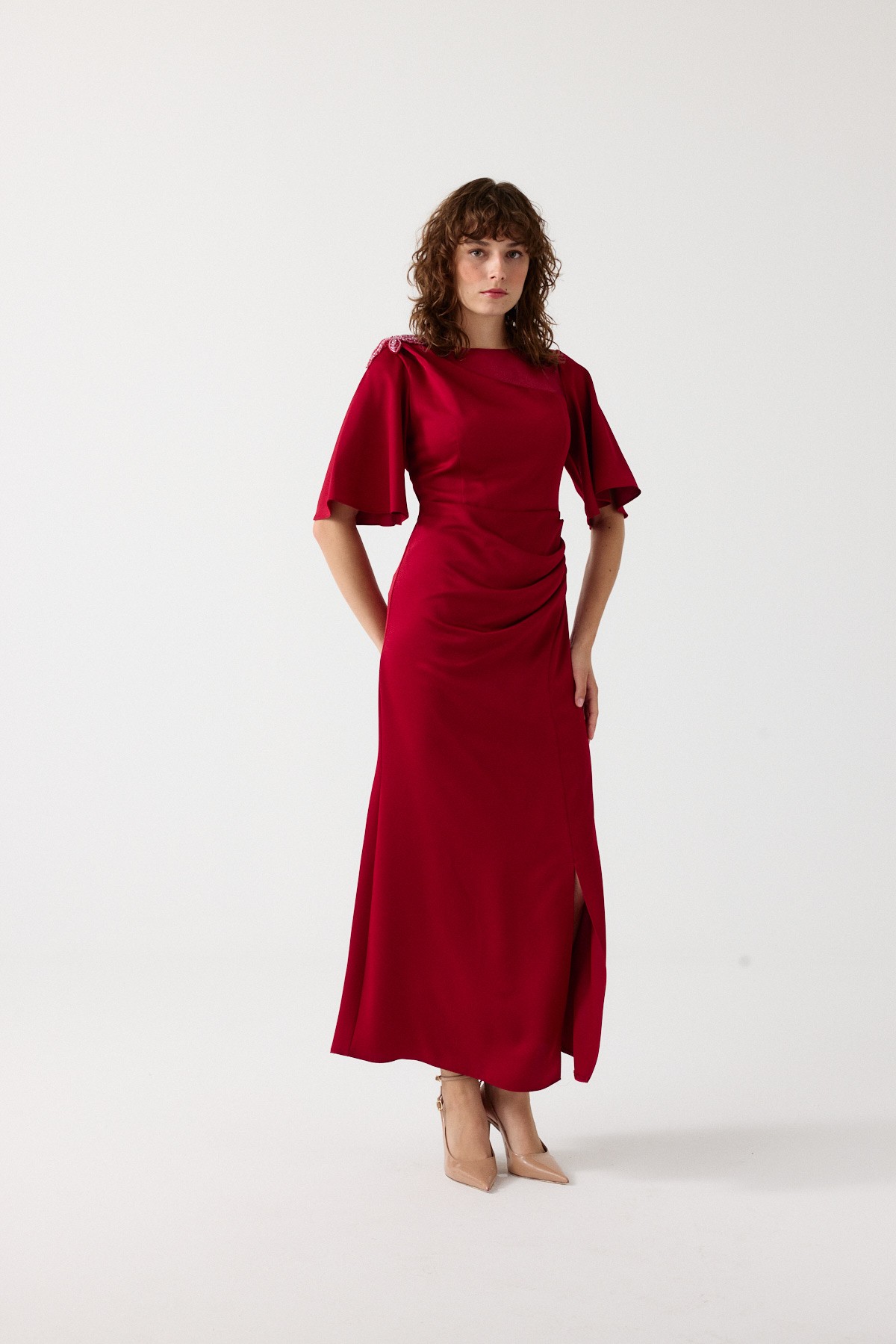 Asimetrik yaka elbise EL-4357 - BORDO
