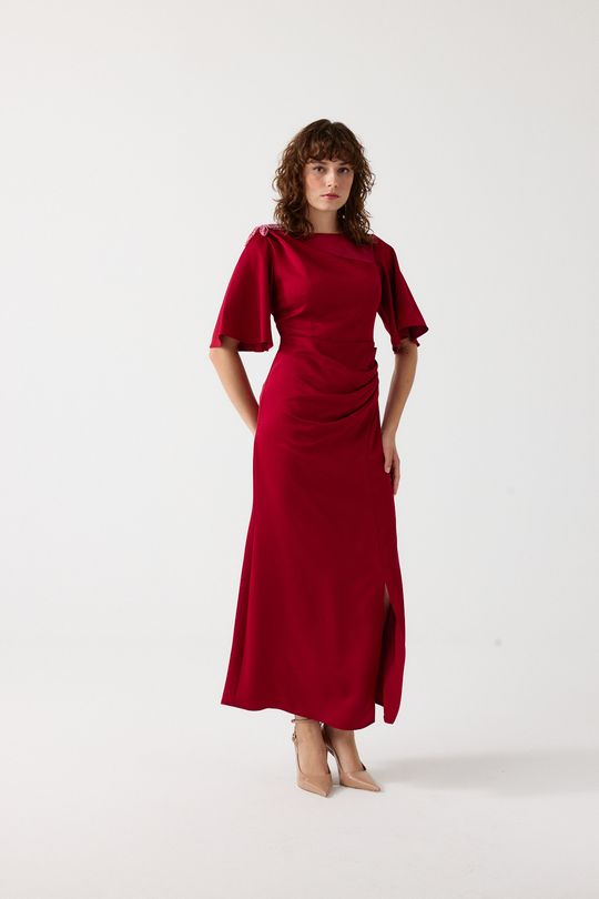Asimetrik yaka elbise EL-4357 - BORDO