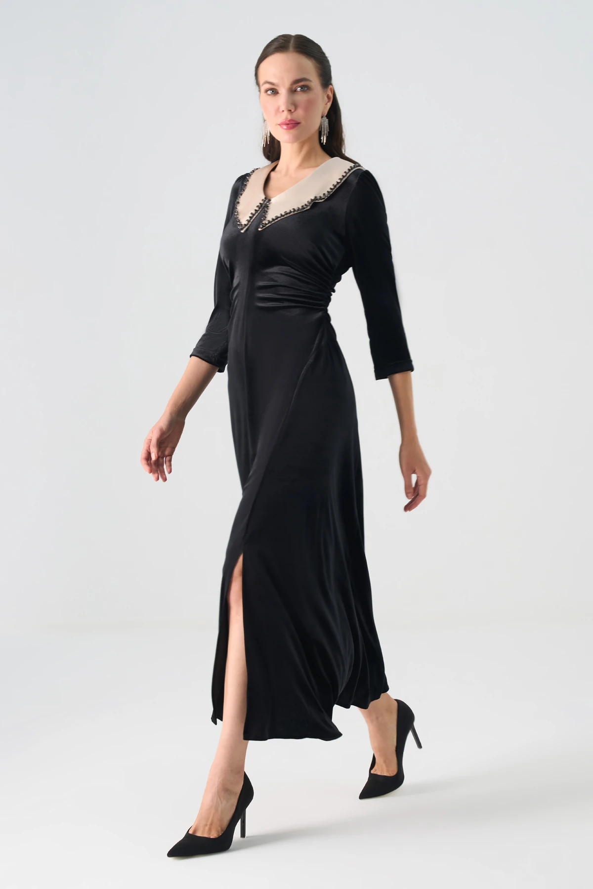 Drapeli Kadife Görünümlü Midi Elbise EL-4443