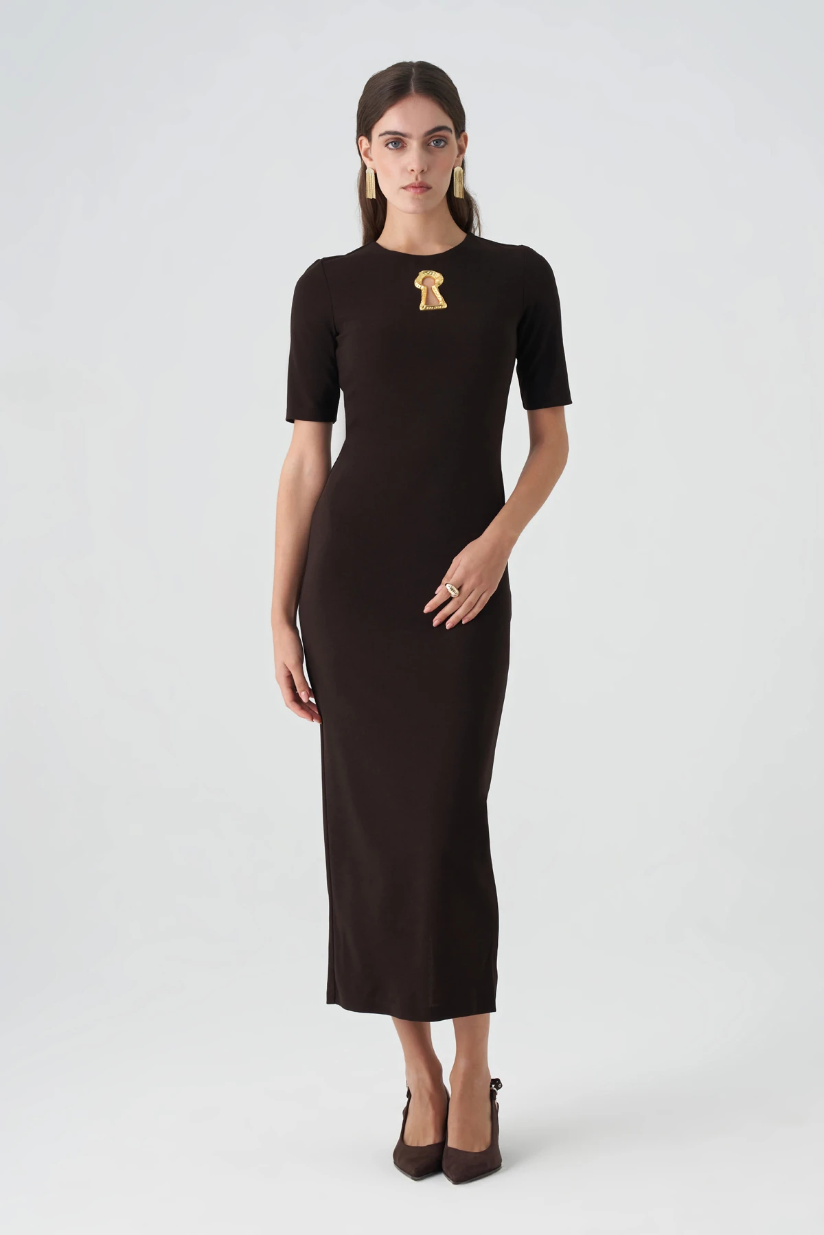 Kilit aksesuarlı örme elbise EL-4377