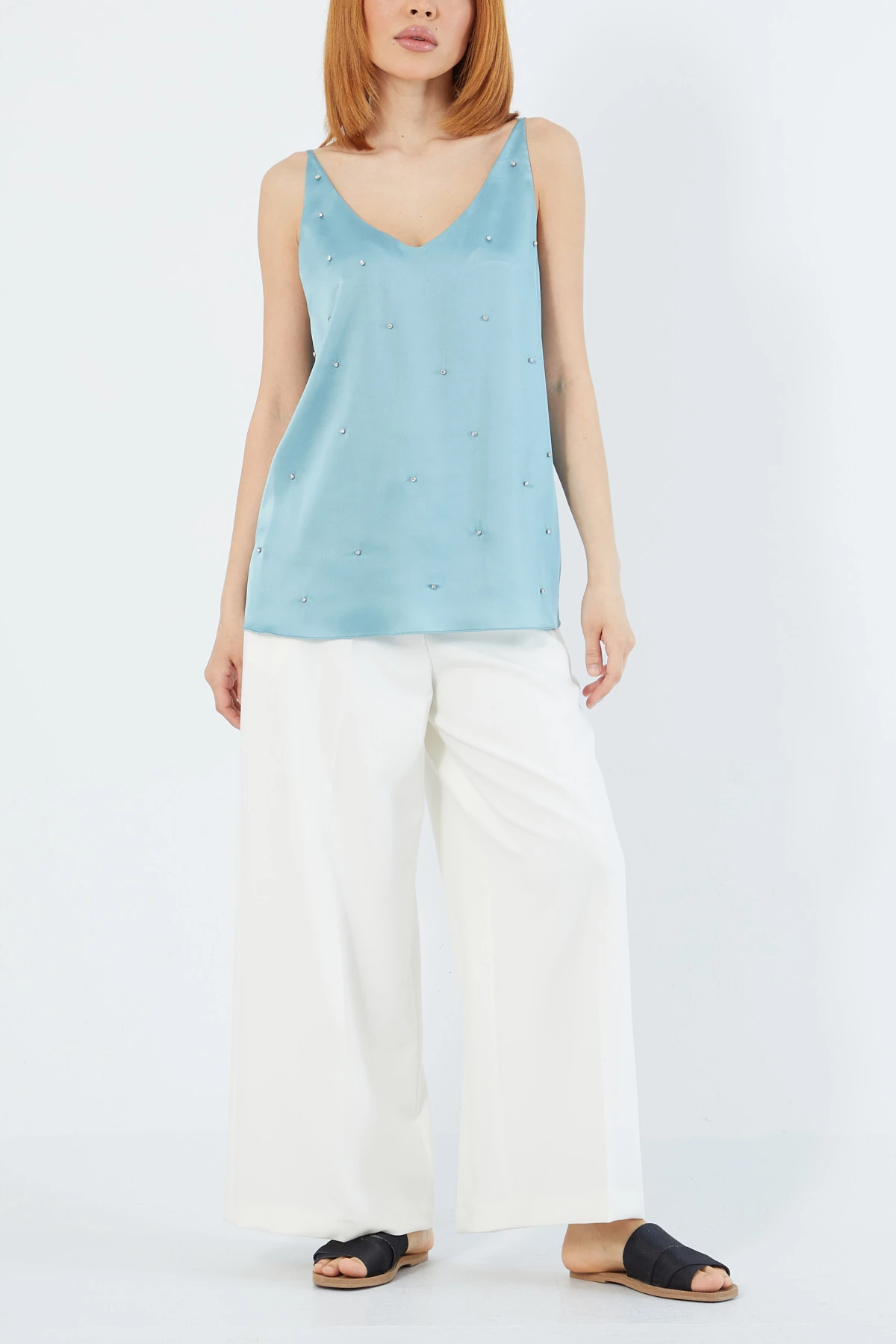 Strass taşlı saten bluz EL-1619 - MAVİ