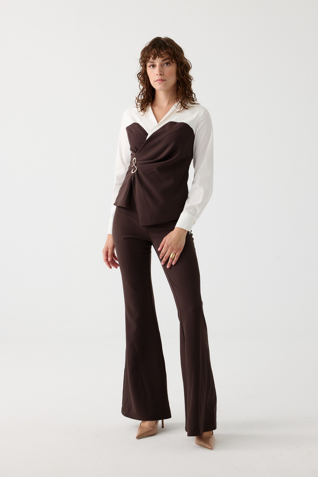 Poplin mix broşlu ikili takım EL-2702 - KAHVERENGİ