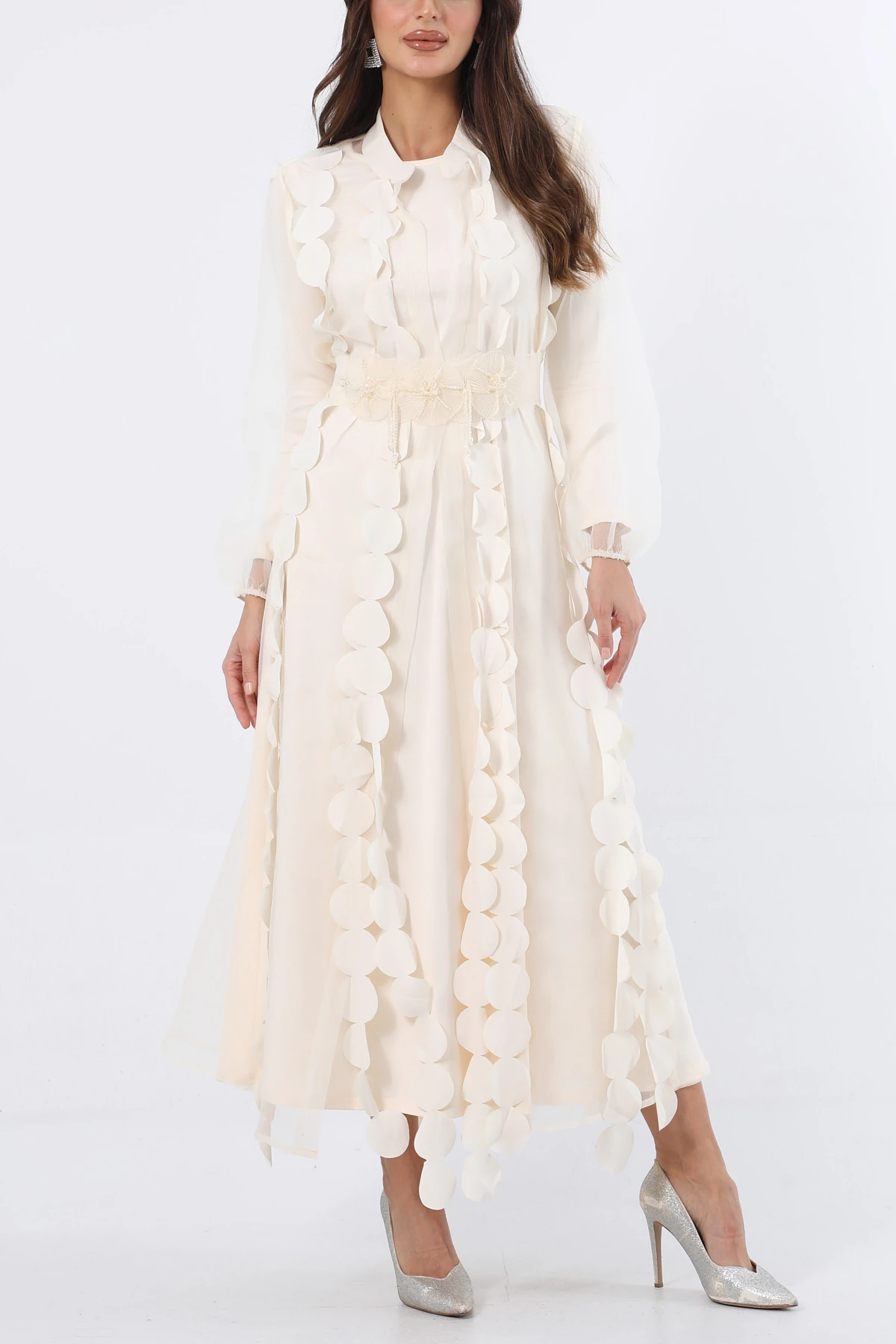 İşlemeli kuşaklı 3 boyutlu yelek elbise takım EL-4127