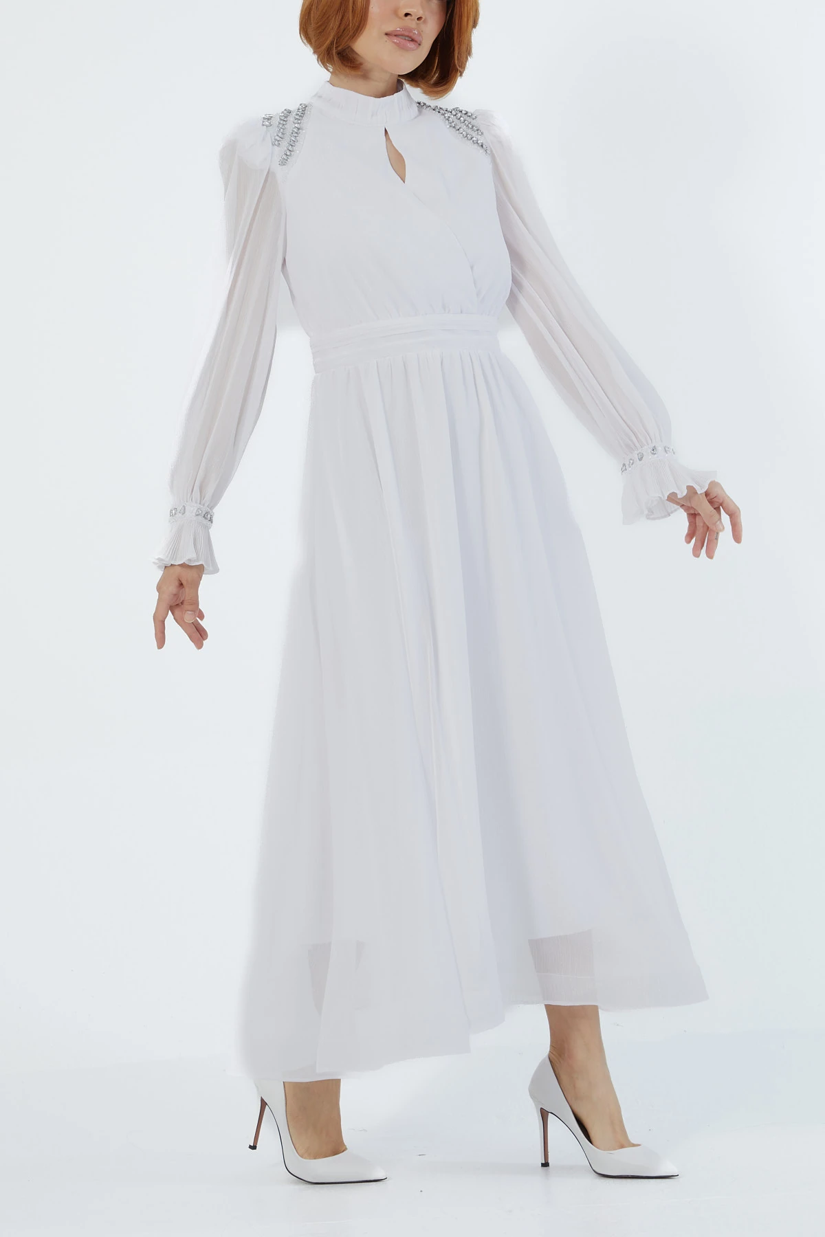 Pilise detaylı strass taşlı elbise EL-3535