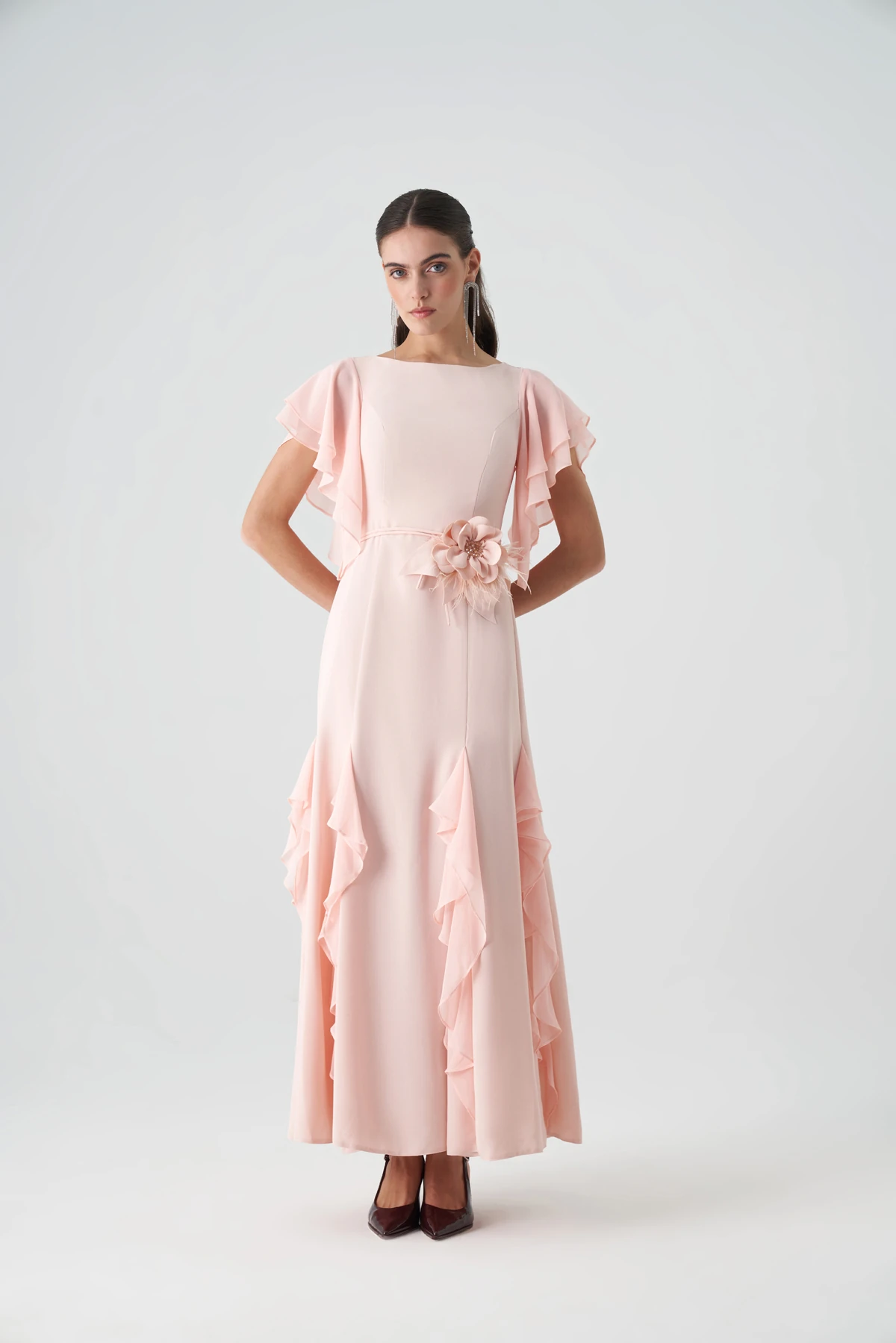 Şifon garnili krep abiye elbise EL-4394