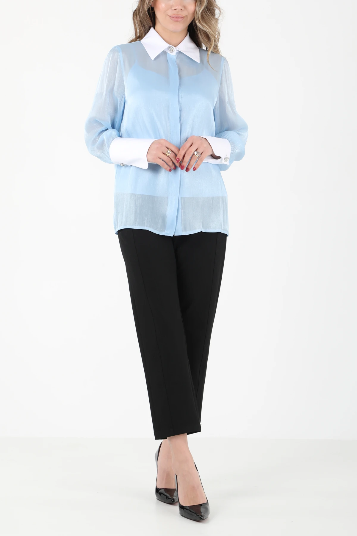 Pamuk garnili organze gömlek EL-1743 - BEBE MAVİSİ