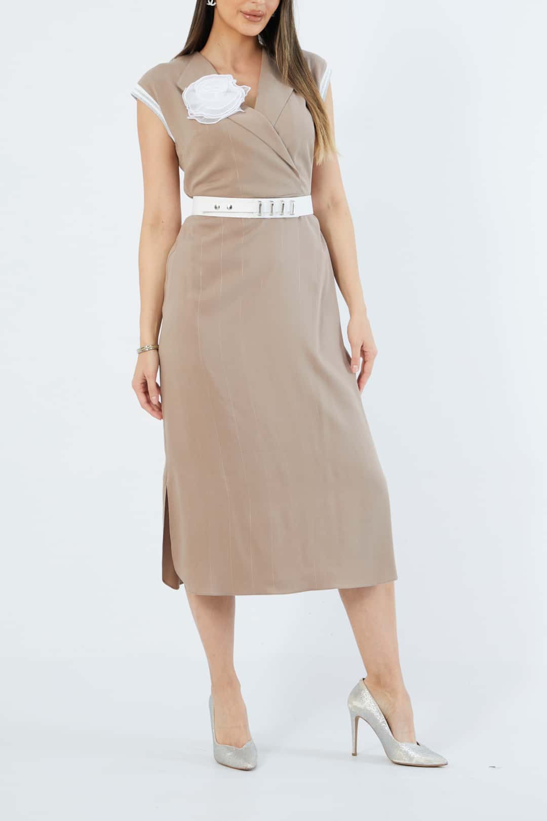 Ribana detaylı kemerli tencel elbise EL-3639