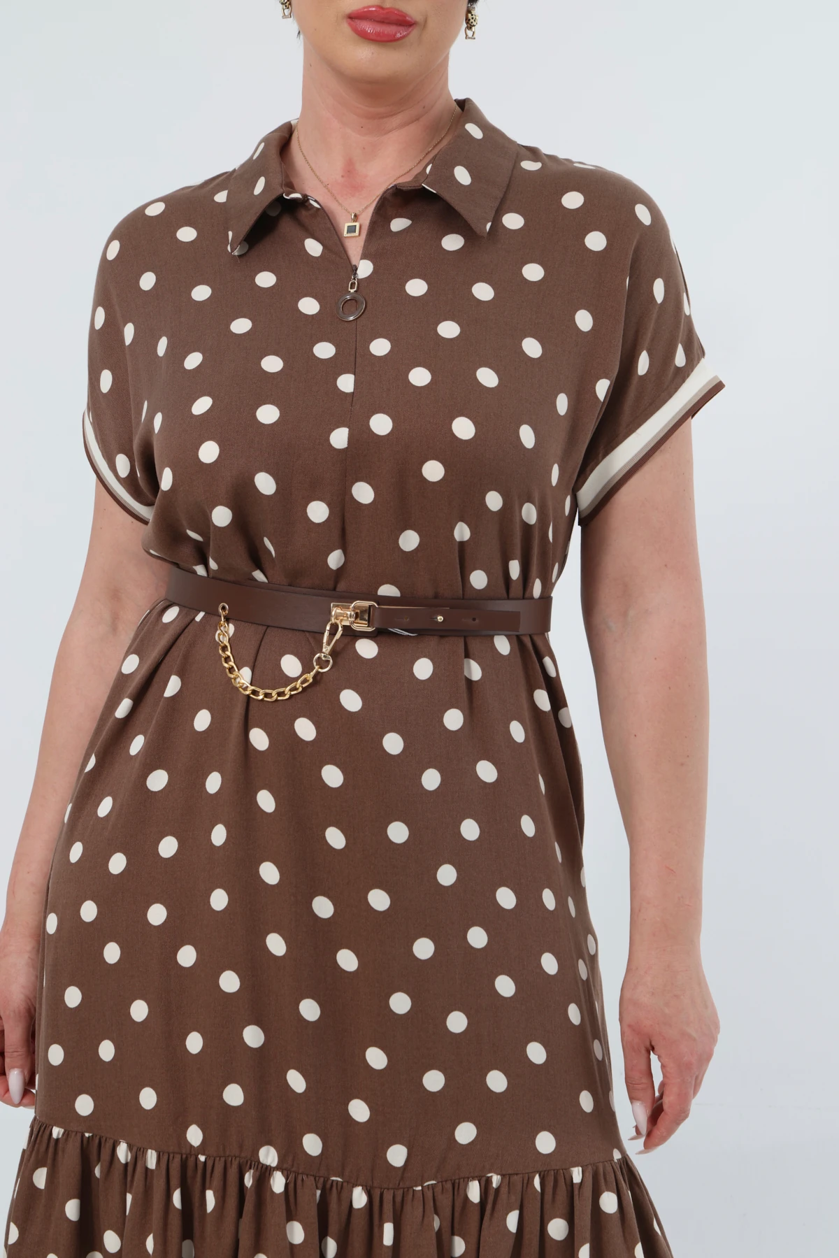 Kolu ribanali puanlı tencel elbise EL-4288-B