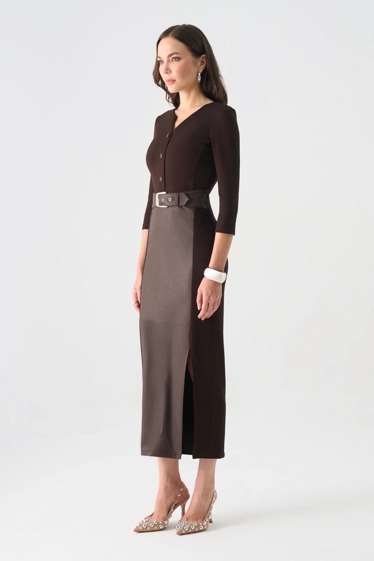 Bel kemerli örme ve deri karışım elbise EL-4424