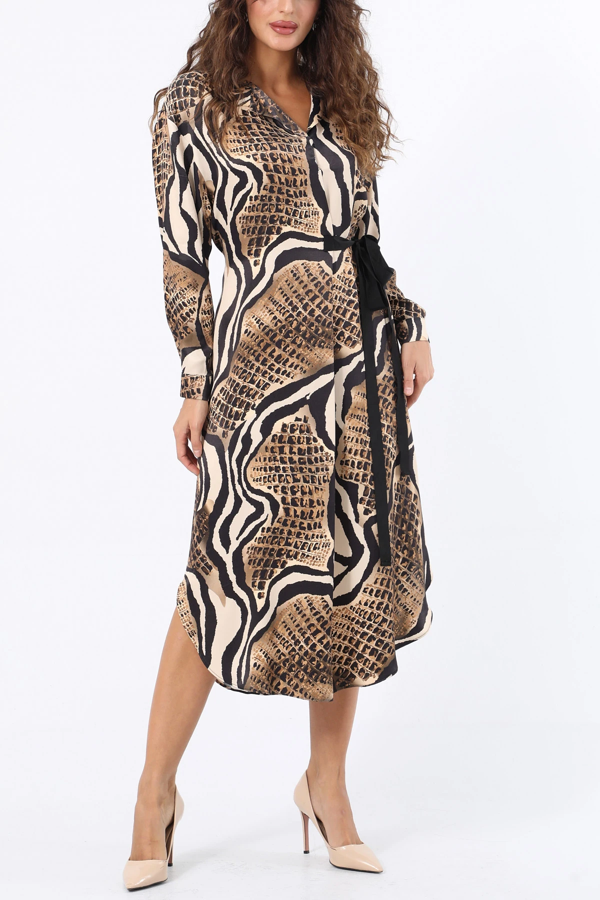 Grogren şeritli piton desen elbise EL-4082