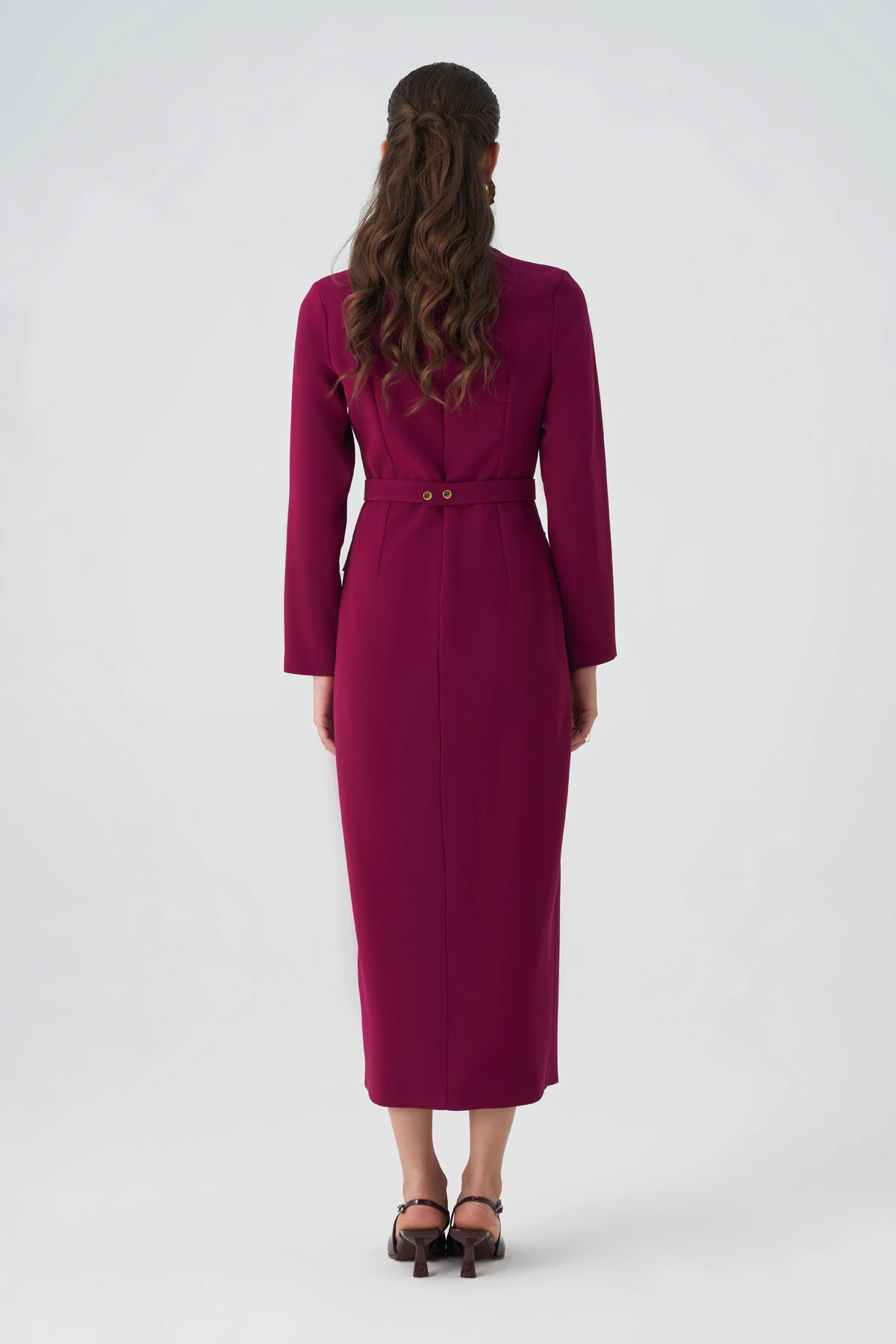 Saten garnili kruvaze midi krep elbise EL-4433