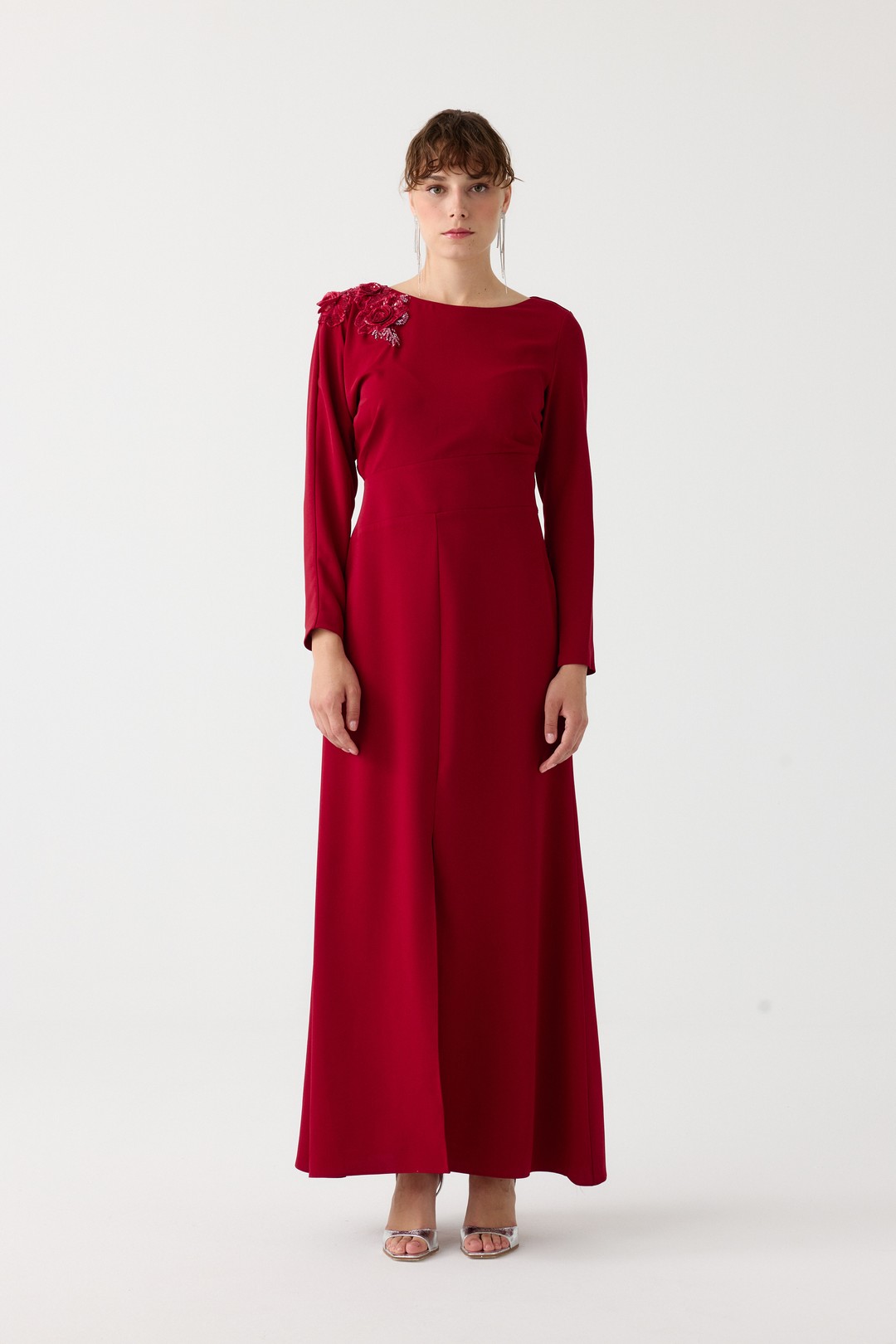 Ön yırtmaçlı tam boy elbise EL-4351 - BORDO