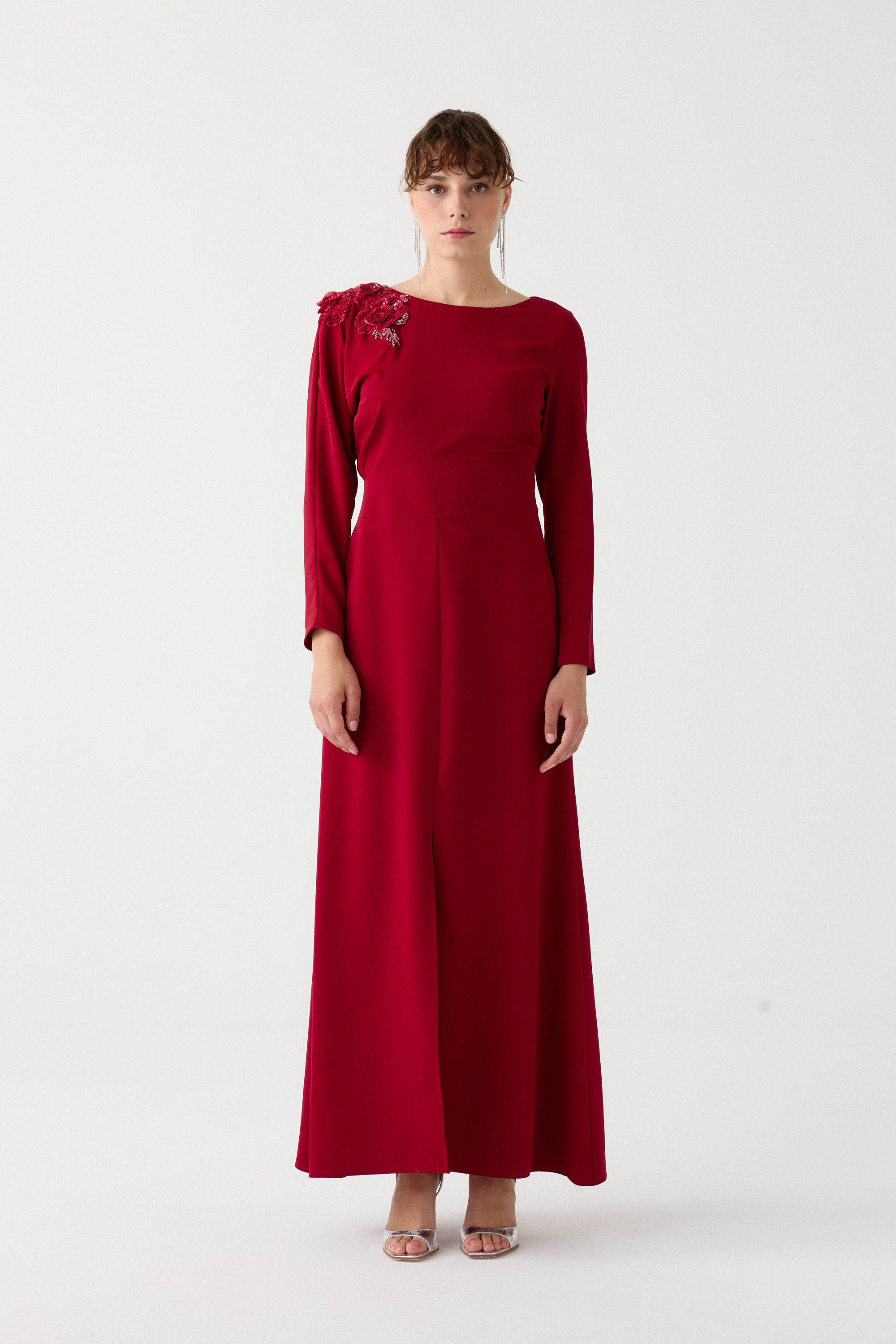 Ön yırtmaçlı tam boy elbise EL-4351 - BORDO