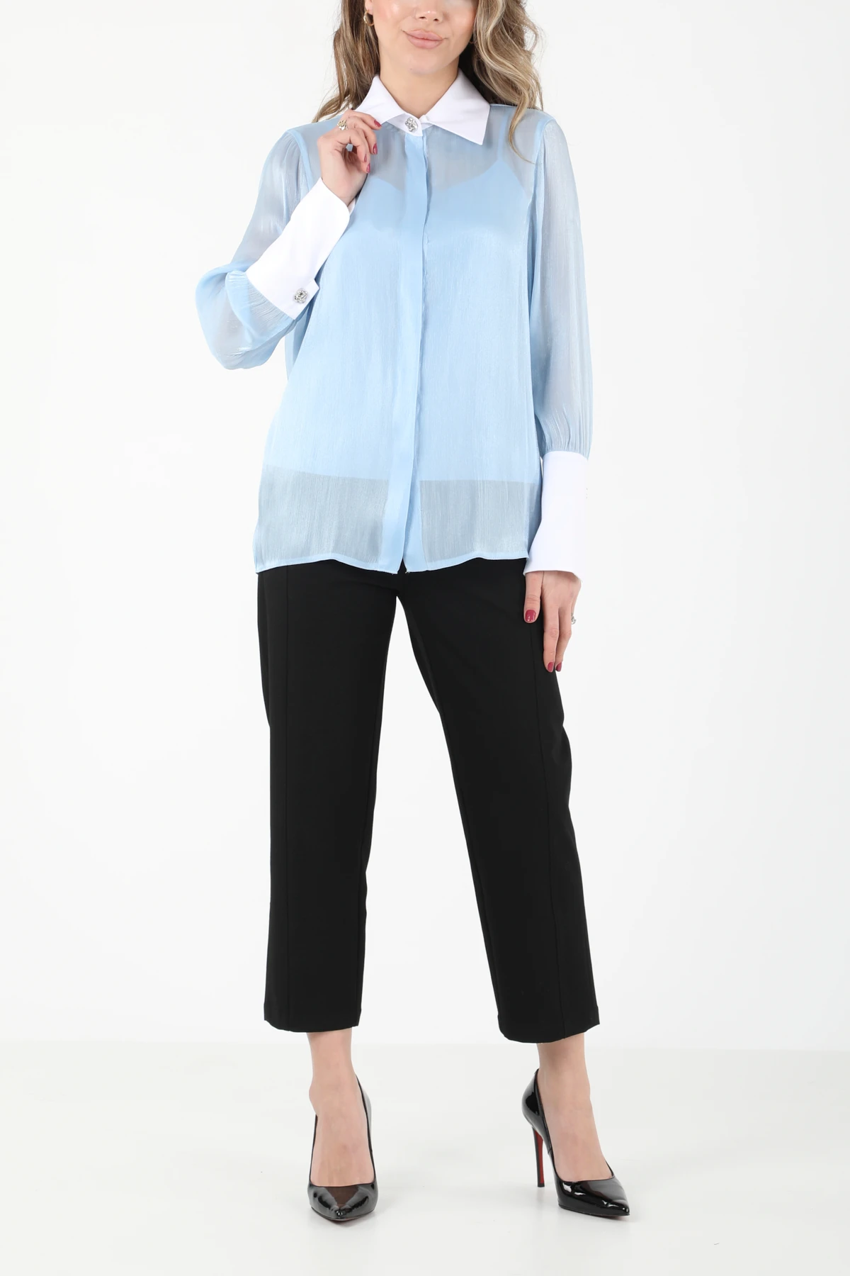 Pamuk garnili organze gömlek EL-1743 - BEBE MAVİSİ