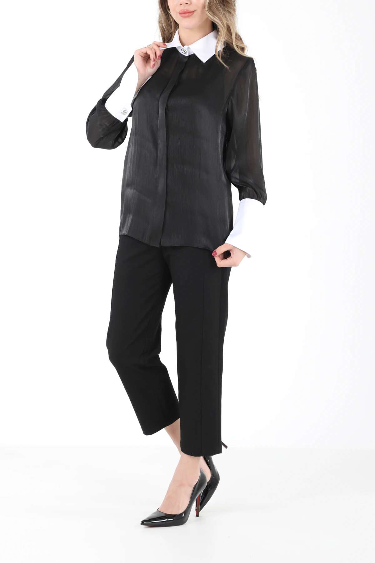 Pamuk garnili organze gömlek EL-1743 - SİYAH