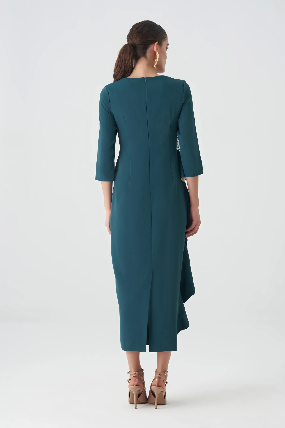 Volanlı garnili peplum saten elbise EL-4388