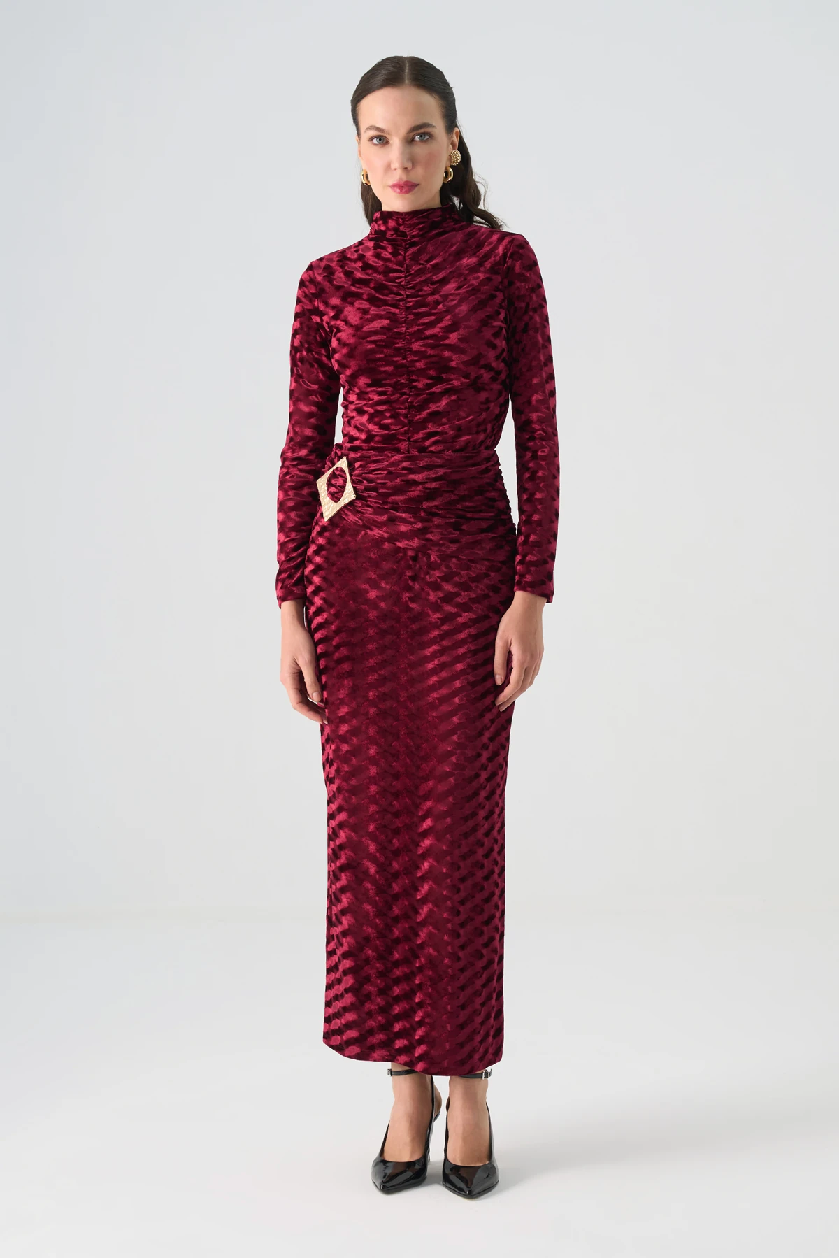 Gold aksesuarlı büzgü detaylı kadife ikili takım EL-2773