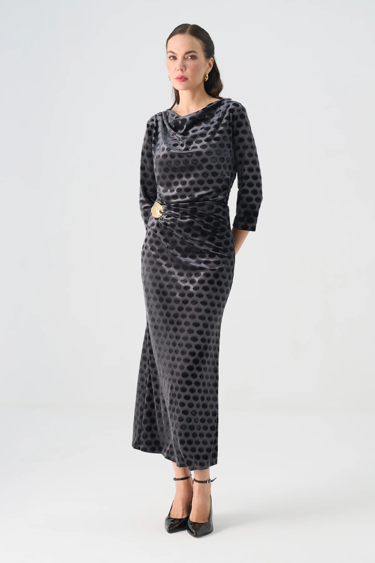 Degaje Yakalı Beli Aksesuarlı Kadife İkili Takım EL-2772