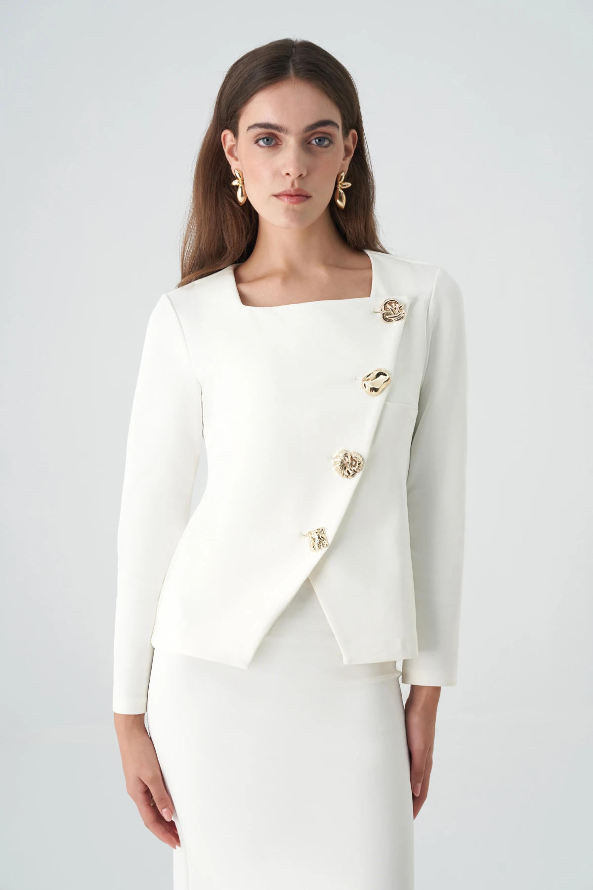 Kare yakalı asimetrik düğmeli triko takım EL-2734