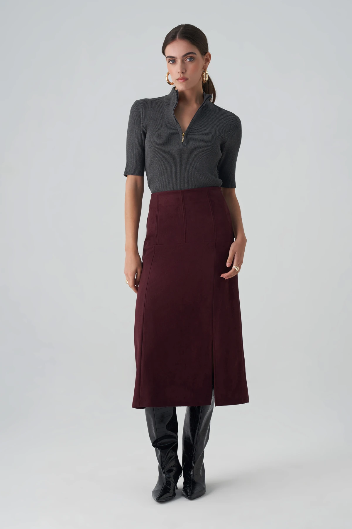 Bordo Süet Görünümlü Yüksek Bel Midi Etek