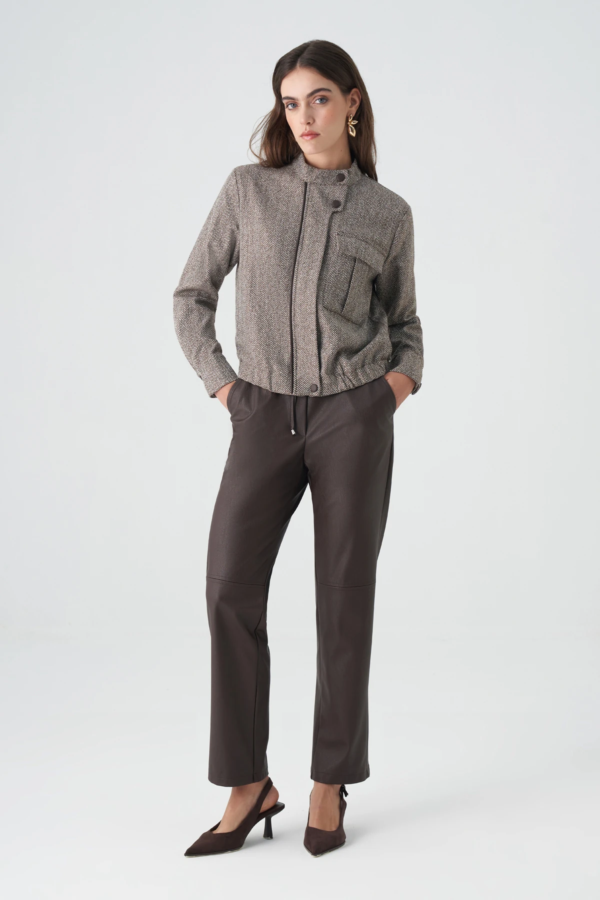 Deri biyeli poliviskon mont-deri pantolon takım EL-2766