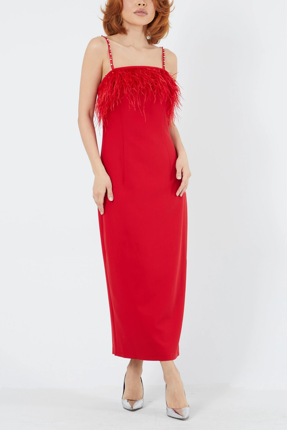 Tüy detaylı straplez midi boy elbise EL-3270