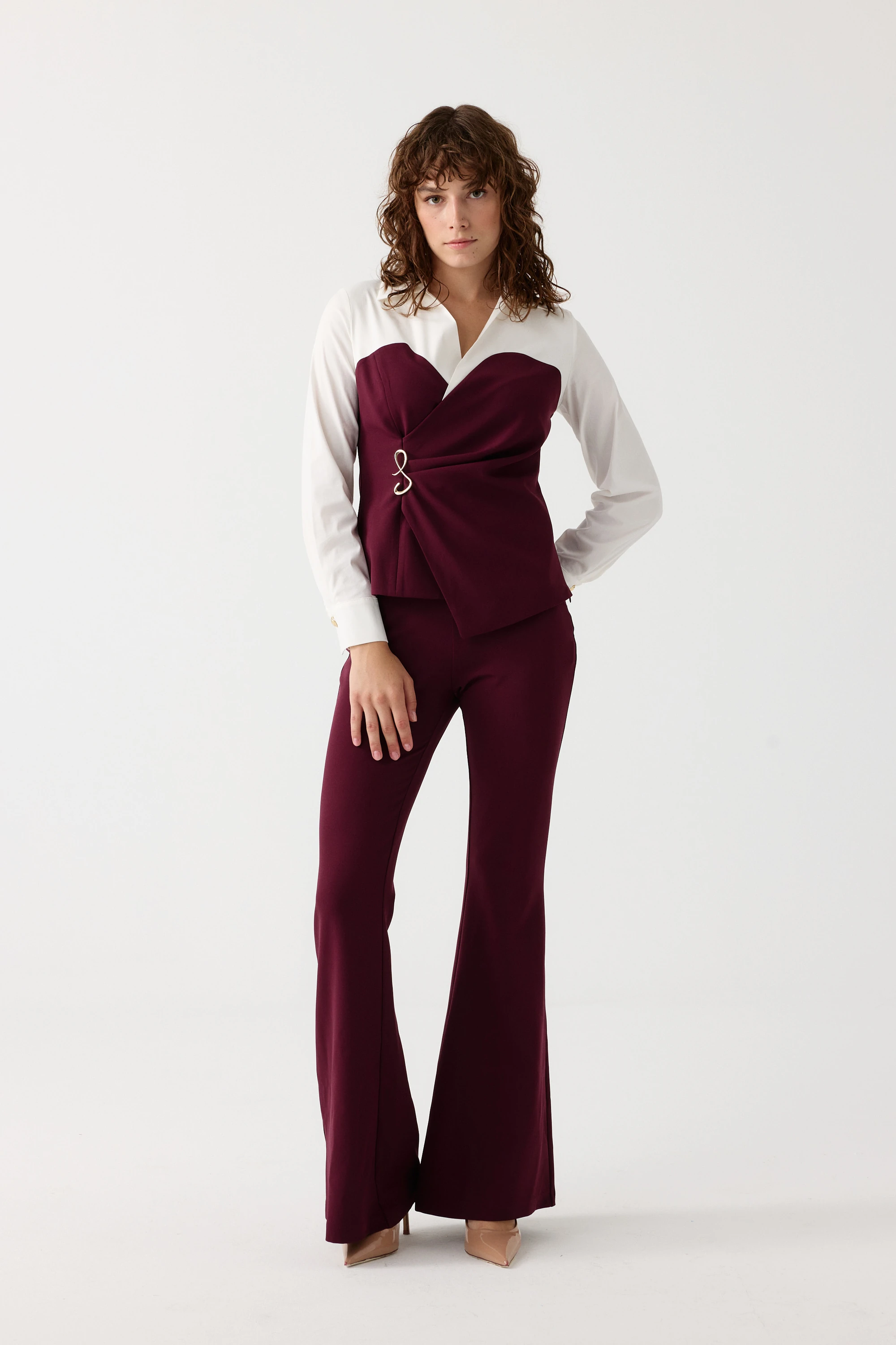 Poplin mix broşlu ikili takım EL-2702 - BORDO