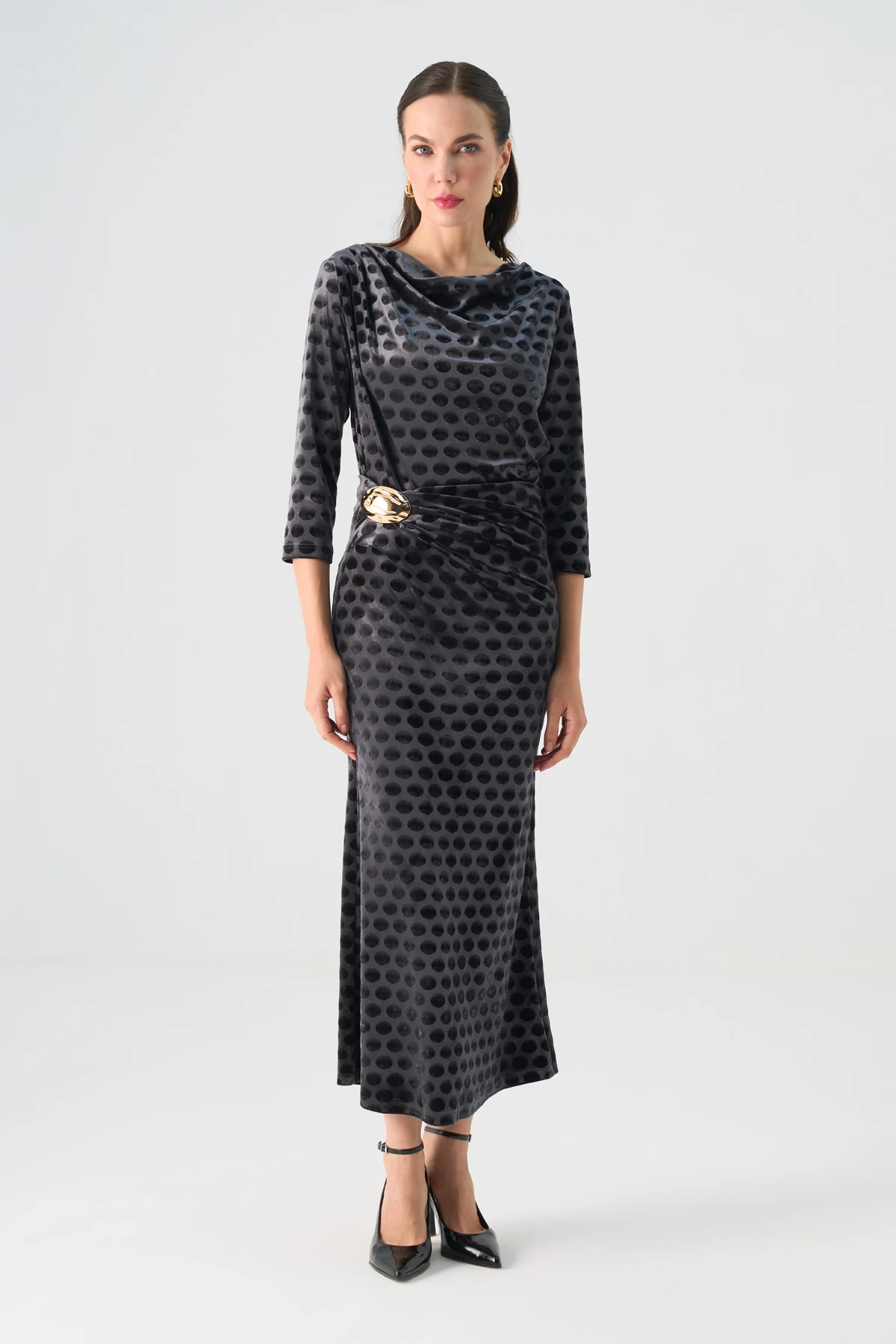 Degaje Yakalı Beli Aksesuarlı Kadife İkili Takım EL-2772