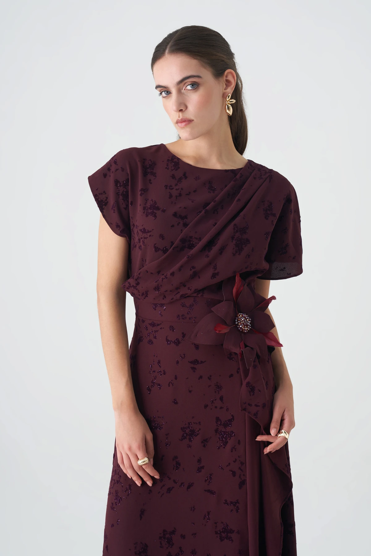 Kadife baskılı volanlı krep elbise EL-4439