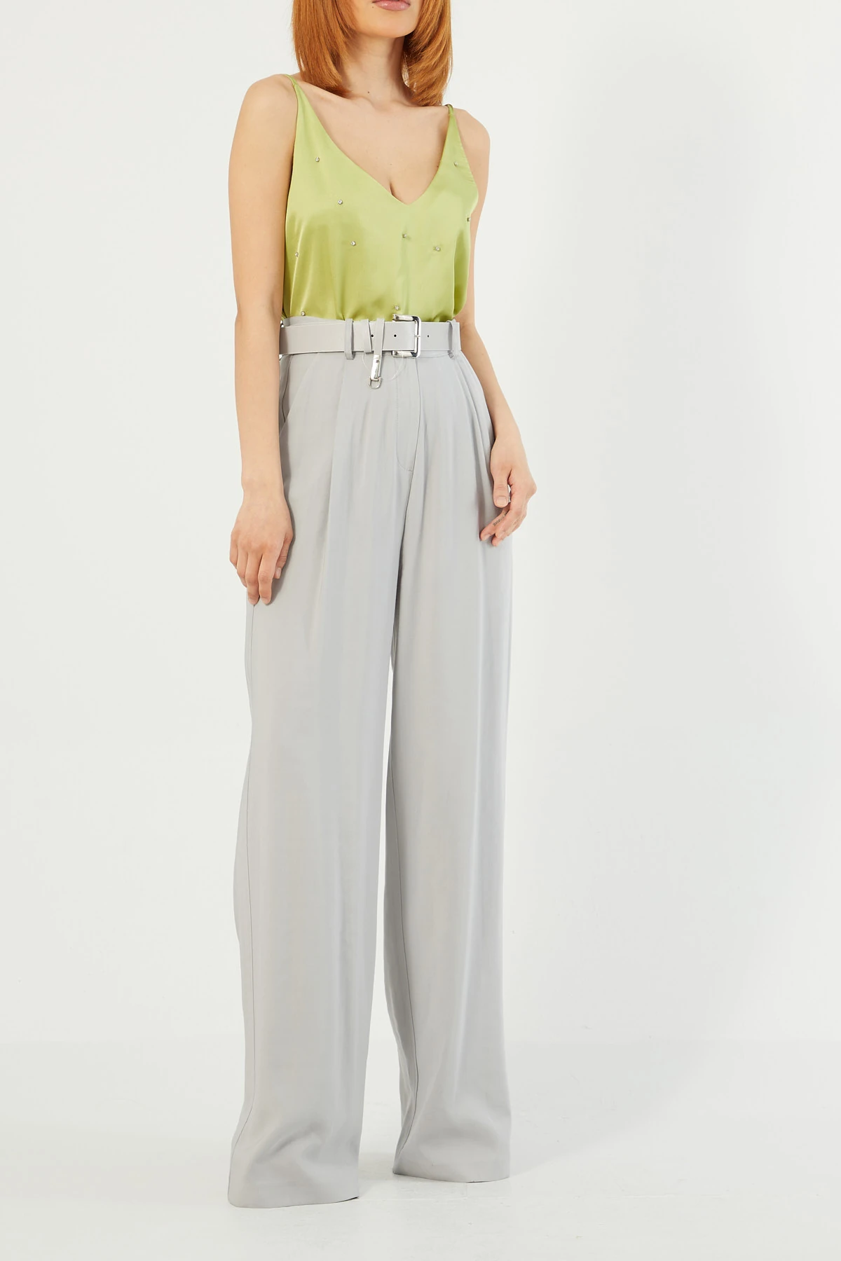 Strass taşlı saten bluz EL-1619 - YAĞ YEŞİLİ