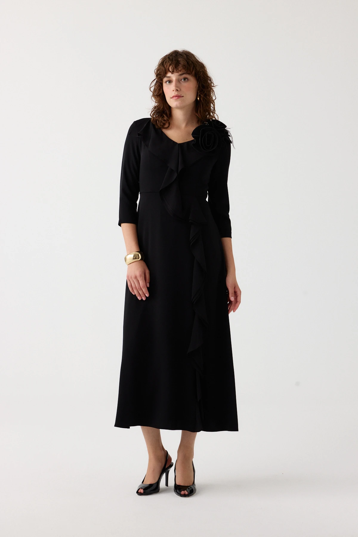 Şifon volanlı çiçekli kokteyl elbise EL-4380